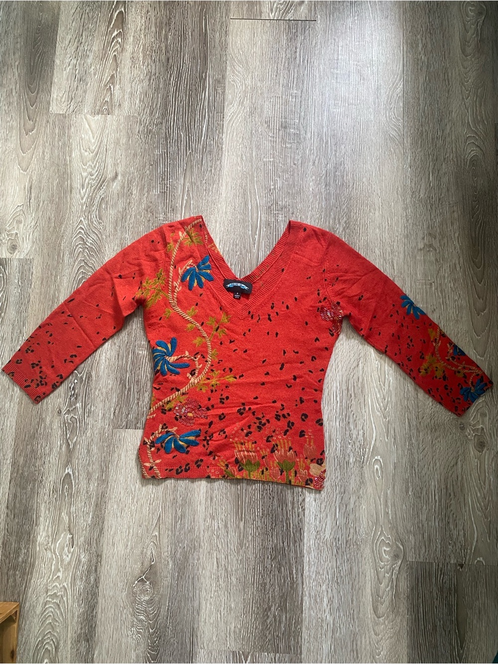 Silk-Cashmere V-Neck Sweater with Blue Embroidery, Beading, and Leopard Print